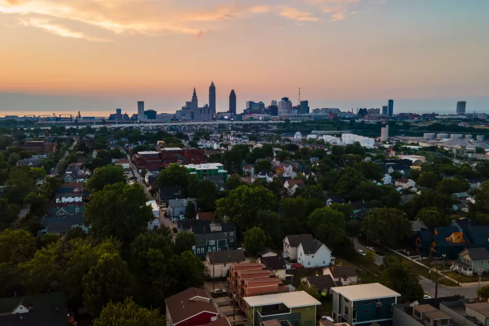 View of Cleveland, Ohio skyline at sunset